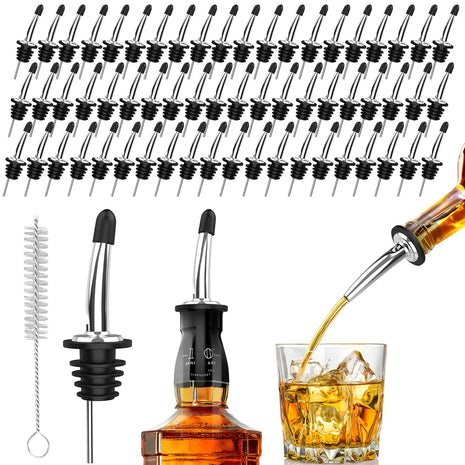 60 Pack Stainless Steel Pour Spouts for Liquor Bottles Oil Vinegar and Wine,Liquor Bottle Pourers with Rubber Dust Caps,Bar accessories,Pourers for Bartending