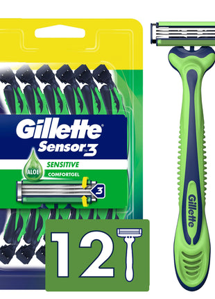 Gillette Sensor3 Sensitive Men's Disposable Shaving Razors, 12 Count