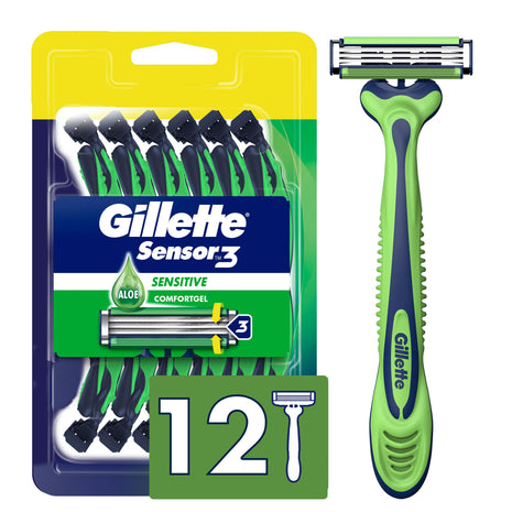 Gillette Sensor3 Sensitive Men's Disposable Shaving Razors, 12 Count