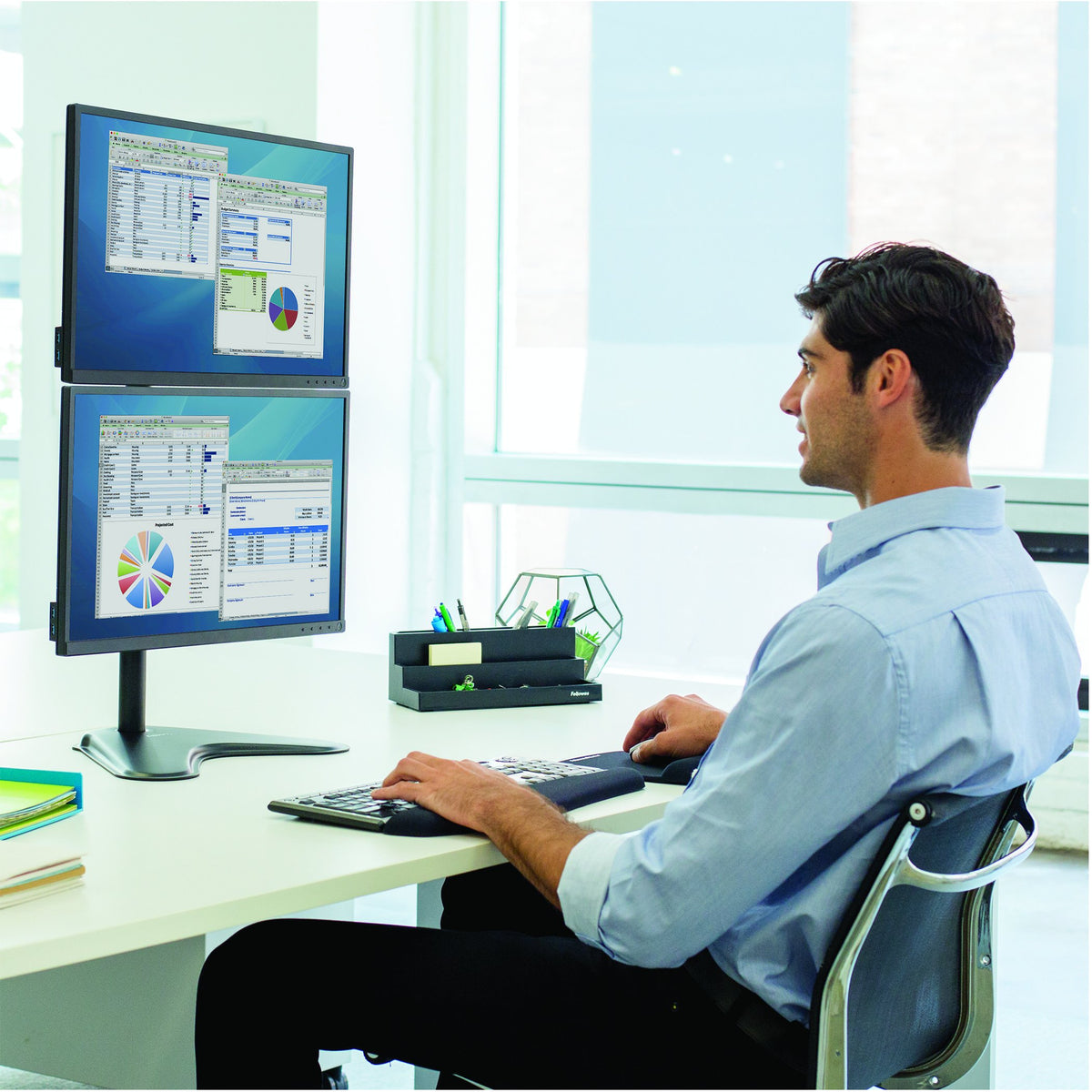 Fellowes 8044001 Professional Series Free-Standing Stacked Monitor Mount, Adjustable Computer Monitor Stand for 2 Monitors with Dual Monitor Arms, 32 Inch Monitor Capacity