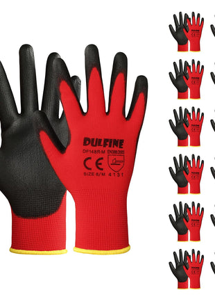 Safety Work Gloves PU Coated-12 Pairs,Red Seamless Knit Glove with Polyurethane Coated Smooth Grip on Palm & Fingers, for Men and Women, Ideal for General Duty Work (Large)