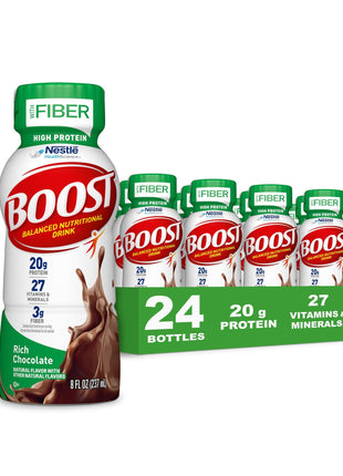 BOOST High Protein with Fiber Ready to Drink Complete Nutritional Drink, Rich Chocolate, 8 fl oz Bottle, 24 Pack