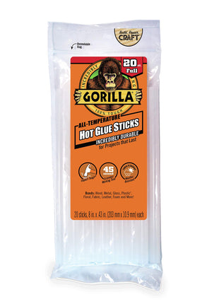 Gorilla Hot Glue Sticks, Clear Glue, Full Size 8 inch Long x 0.43 inch Diameter, 20 Count (Pack of 1) - Safe for All Temperatures with Extended Working Time