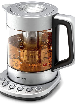 Viante Alba Electric Tea Kettle With Infuser, No Plastic, 1.5L | Borosilicate glass & 304 stainless steel construction. 4 temp presets, keep-warm, cordless, auto shut-off