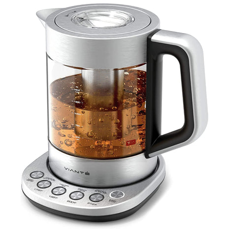 Viante Alba Electric Tea Kettle With Infuser, No Plastic, 1.5L | Borosilicate glass & 304 stainless steel construction. 4 temp presets, keep-warm, cordless, auto shut-off