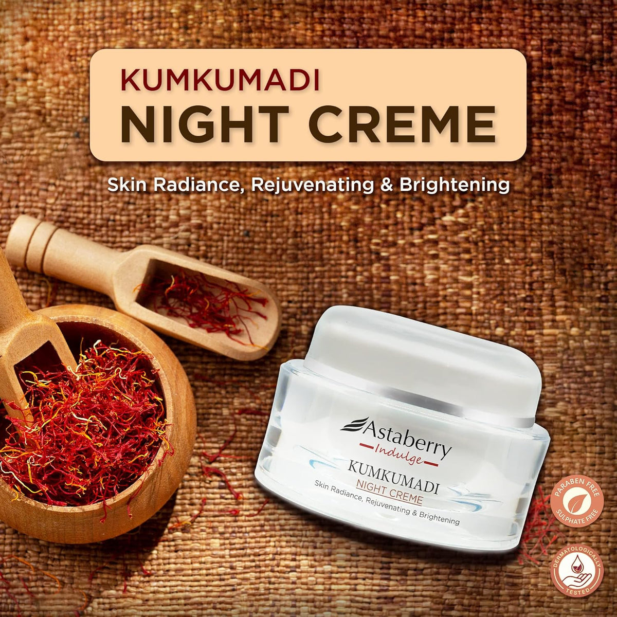 Astaberry Indulge Kumkumadi Night Cream for Glowing Skin | Dark Spot Reduction | Rejuvenates Dull Skin | For Normal, Oily, Acne-Prone, Combination Skin | 50 g