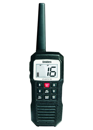 Uniden Atlantis 155 Handheld Two-Way VHF Marine Radio, Floating IPX8 Submersible Waterproof, Dual-Color Screen, All USA/International/Canadian Marine Channels, NOAA Weather Alert, 10 Hour Battery