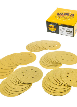 Dura-Gold Premium - Variety Pack - 5" Gold Sanding Discs - 8-Hole Dustless Hook and Loop - 10 Each of Grit (60, 80, 120, 220, 320) - Box of 50 Sandpaper Finishing Discs for Woodworking or Automotive