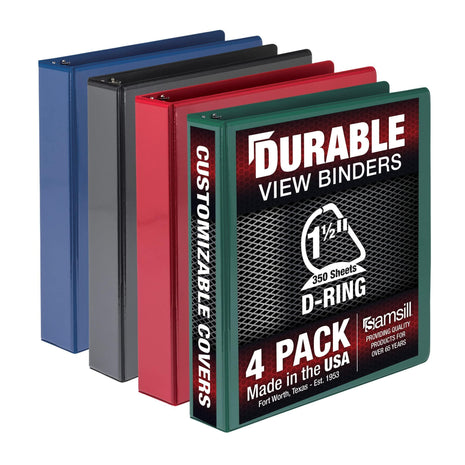 Samsill Durable 1.5 inch 3 Ring Binder, D Ring Binder, 100% Recycled Chipboard, Basis Assortment, 4 Pack