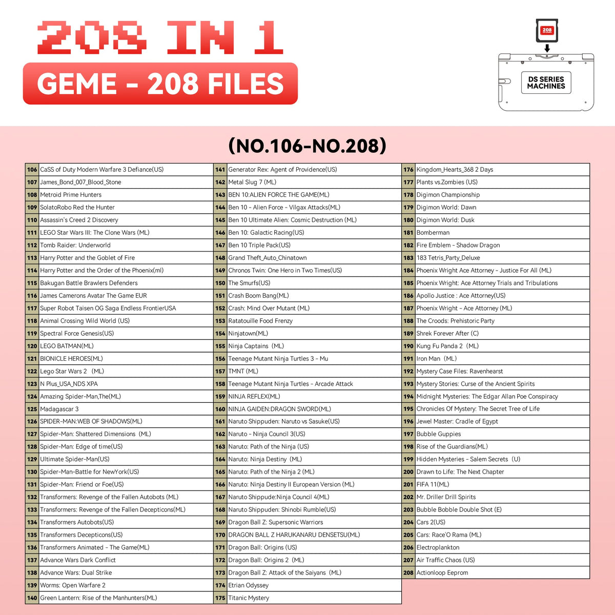 【2025 Newest】208 in 1 Super Combo Game Cartridge, Retro Game Pack Card Compilation with 208 Games
