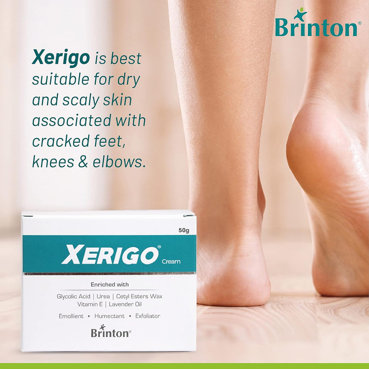 Brinton Xerigo Intense Skin Moisturizing Cream with Exfoliating Ingredients for Cracked Feet, Elbow & Knees, Prevents Moisture Loss, Non-Greasy ,50gm