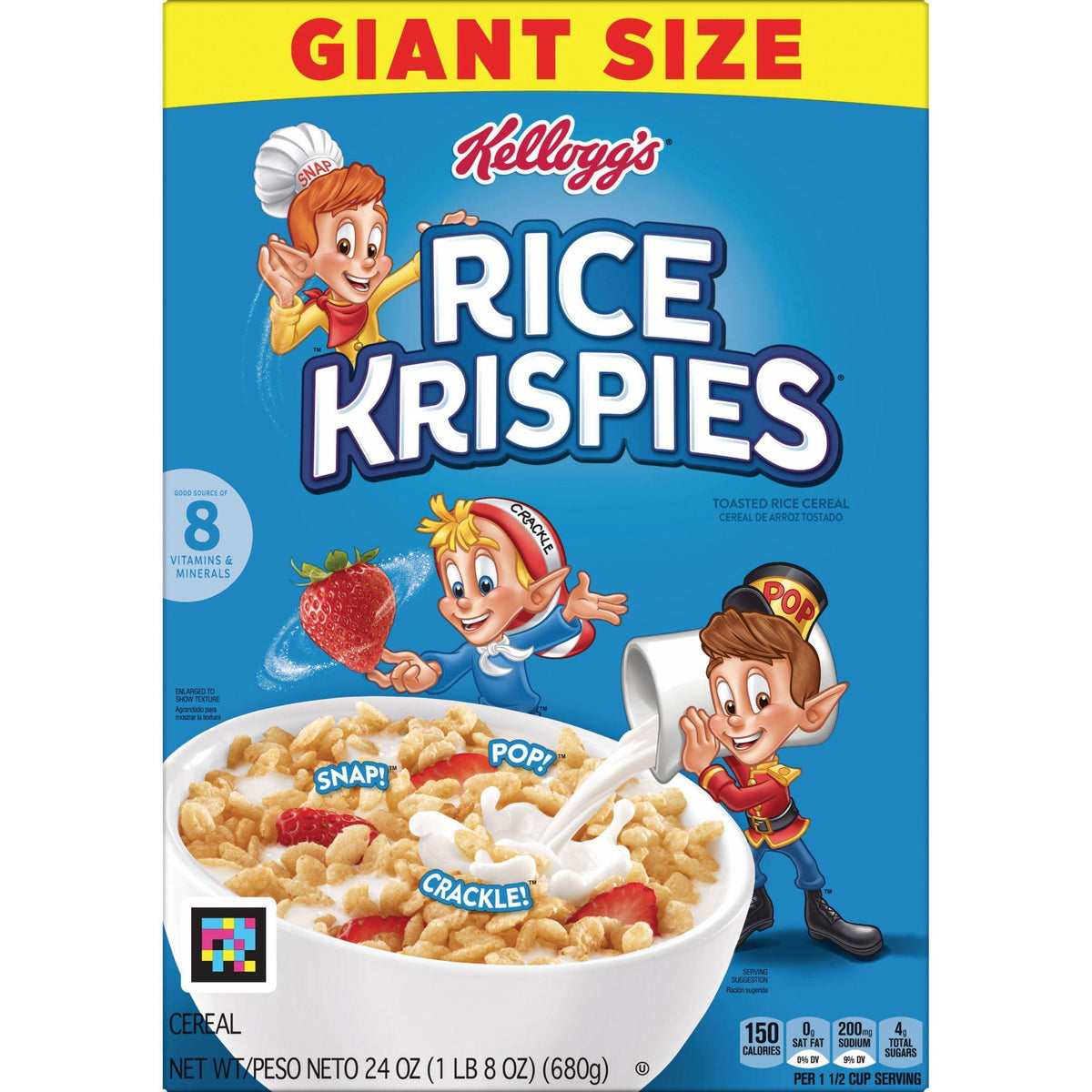 Kellogg's Rice Krispies Cold Breakfast Cereal, 8 Vitamins and Minerals, Rice Krispies Treats, Giant Size, Original, 24oz Box (1 Box)