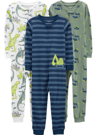 Simple Joys by Carter's Baby Boys' 3-Pack Snug Fit Footless Cotton Pajamas, Blue Stripe/Green Trucks/White Dinosaur, 3T
