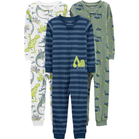Simple Joys by Carter's Baby Boys' 3-Pack Snug Fit Footless Cotton Pajamas, Blue Stripe/Green Trucks/White Dinosaur, 3T