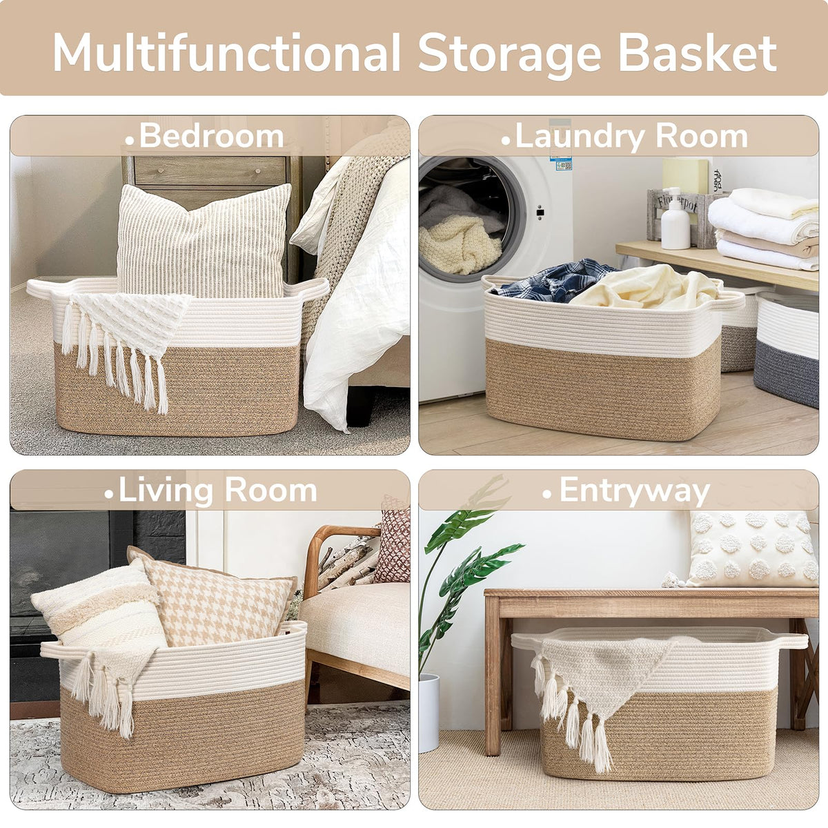 Goodpick Large Woven Blanket Basket, 21.6" x 14.9" x 11.8" Storage Baskets for Organizing, Rectangle Cotton Rope Toy Basket for Living Room, Bedroom, White & Brown