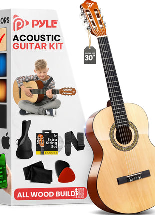 Pyle Beginner Acoustic Guitar Kit, 1/4 Junior Size All Wood Instrument for Kids, Adults, 30 inch Natural Ash