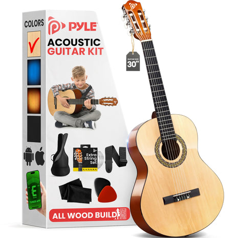 Pyle Beginner Acoustic Guitar Kit, 1/4 Junior Size All Wood Instrument for Kids, Adults, 30 inch Natural Ash