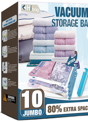 HIBAG Vacuum Storage Seal Bags, 10 Jumbo Space Saver Vacuum Sealer Bags for Clothes, Comforters, Blankets, Bedding (10J)