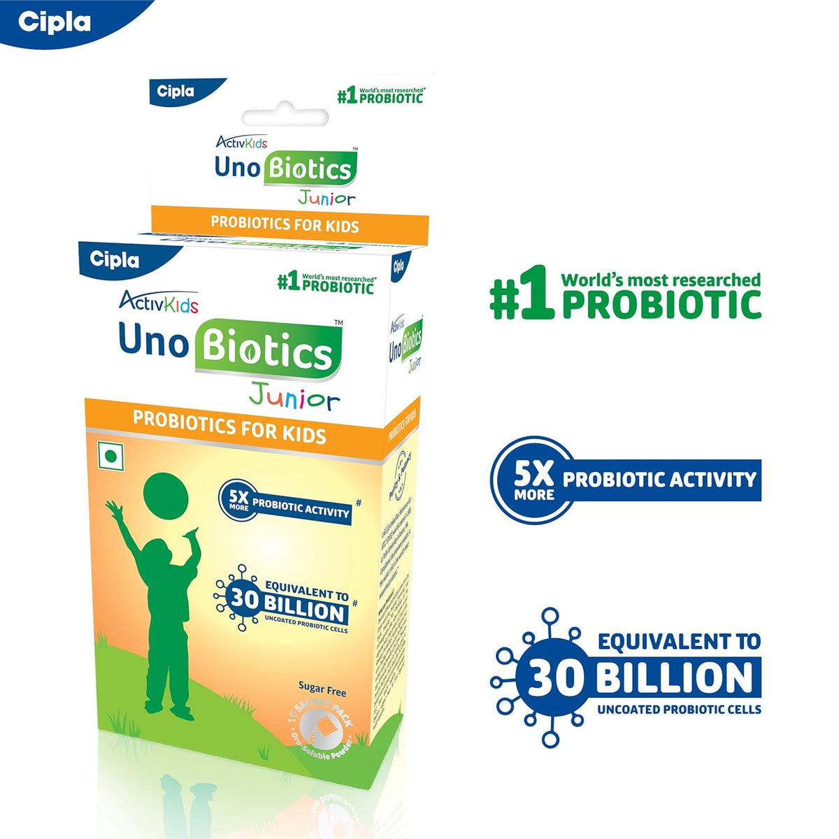 Cipla ActivKids Unobiotics Junior With 5X More Probiotic Activity |Powder Helps Build Immunity & Refills Good Bacteria | Probiotics for Kids - 10 Sachets