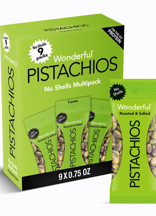 Wonderful Pistachios No Shells, Roasted & Salted Nuts, 0.75 Oz (Pack of 9) | Protein Snacks, Gluten Free, On-the-Go, Salty Individually Wrapped Snacks, Savory, Office Snacks, Lunch, Travel, Airplane