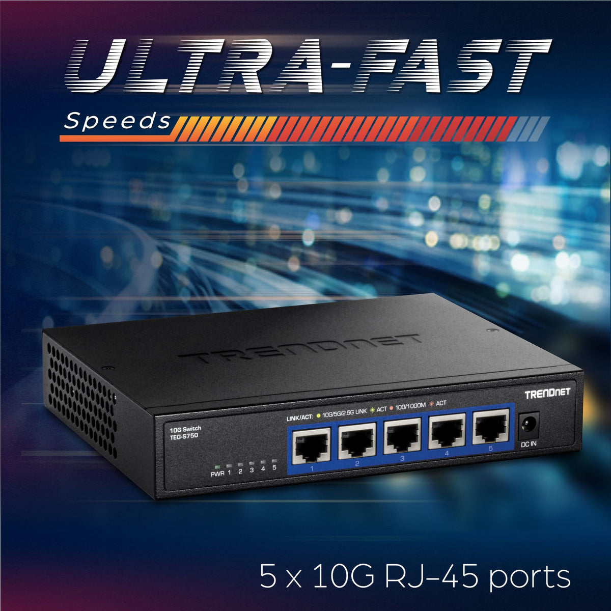 TRENDnet 5-Port 10G Switch, TEG-S750, 5 x 10G RJ-45 Ports, 100Gbps Switching Capacity, Supports 2.5G and 5G-Base-T Connections, Ethernet Splitter, NDAA & TAA Compliant, Lifetime Protection, Black