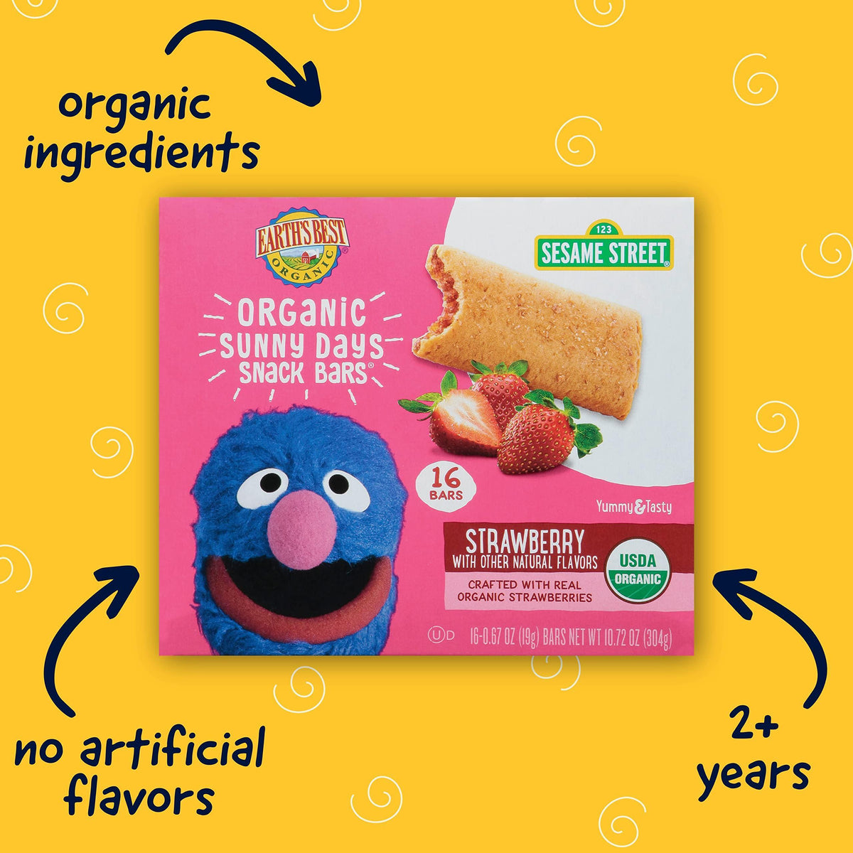 Earth's Best Organic Kids Snacks, Sesame Street Toddler Snacks, Organic Sunny Days Snack Bars for Toddlers 2 Years and Older, Strawberry with Other Natural Flavors, 16 Bars Per Box