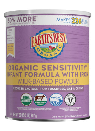 Earth's Best Organic Sensitivity Infant Formula for Babies 0-12 Months, Reduced Lactose Powder Formula with Iron, Omega-3 DHA, and Omega-6 ARA, 32 Ounce Value Container