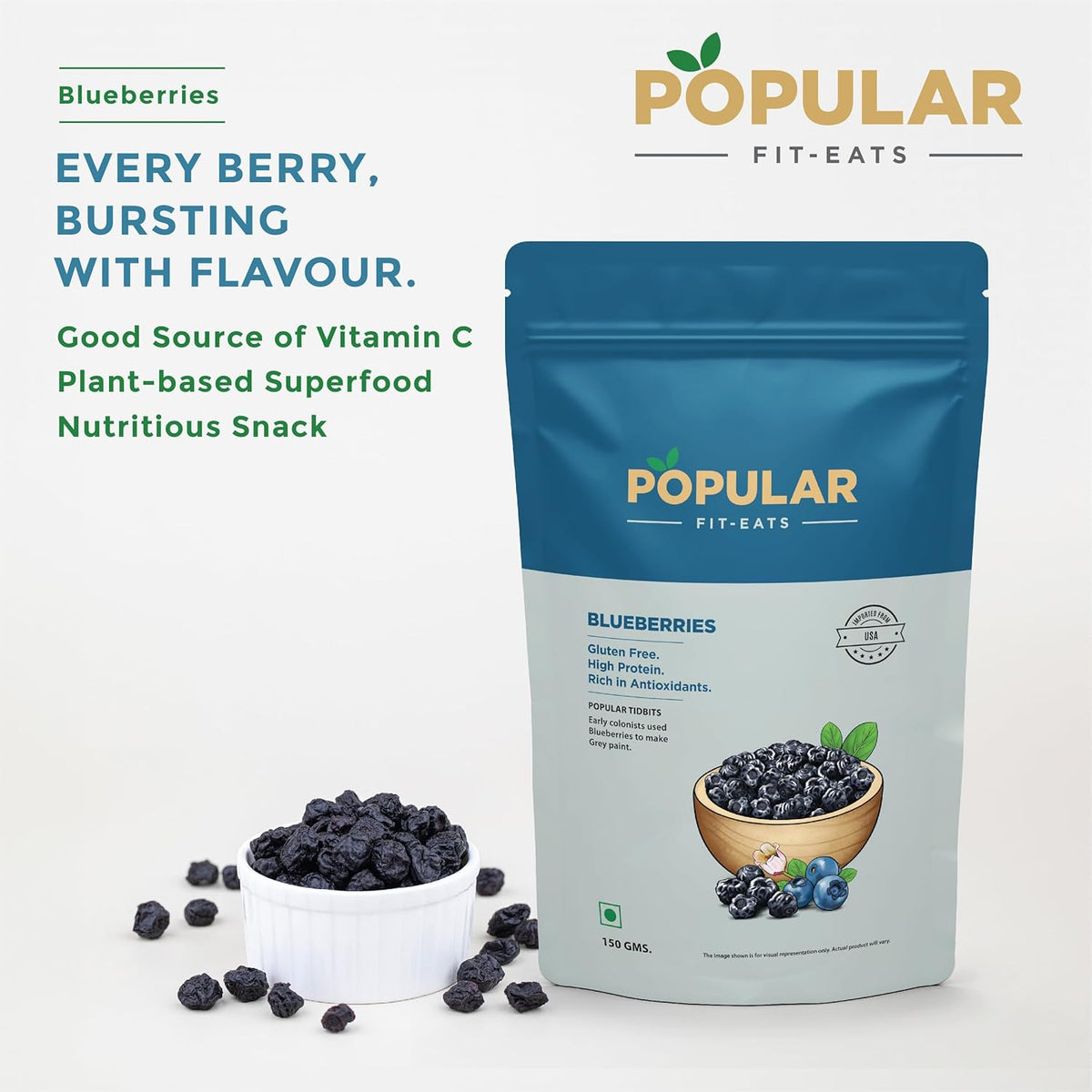 POPULAR FIT-EATS Blueberries Whole, 150 Grams- Whole Dried Blueberries, Antioxidant Rich, Immunity Booster, Low Fat Snacks, Healthy Snacking For Kids And Adults