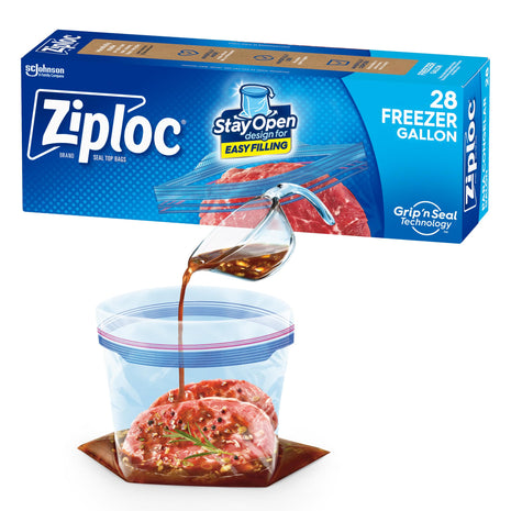 Ziploc Gallon Food Storage Freezer Bags, Stand-Up Bottom, Easy to Fill, 28 Count