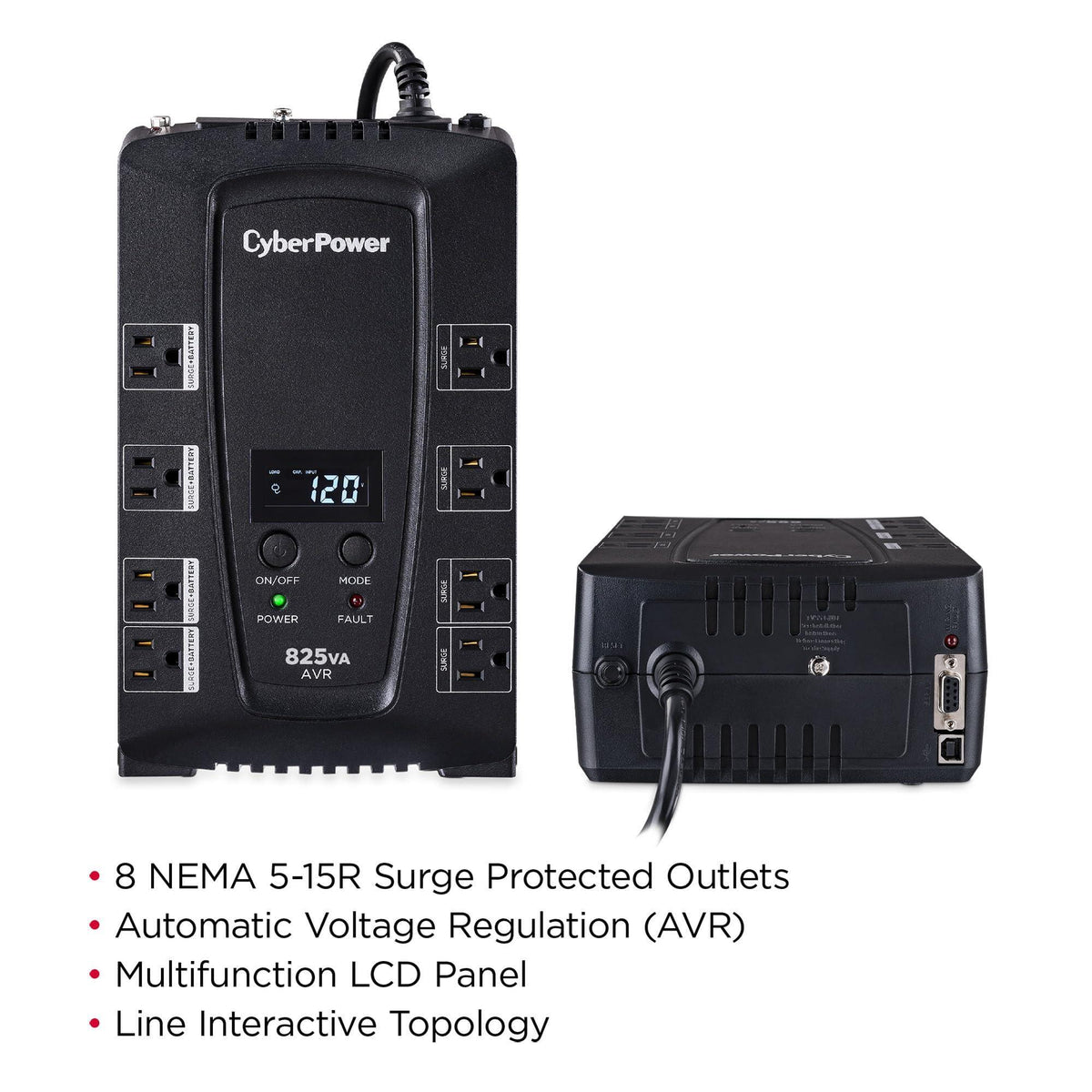 CyberPower CP825AVRLCD Intelligent LCD UPS Battery Backup and Surge Protector, 825VA/450W, 8 Outlets, AVR, Compact, UL Certified