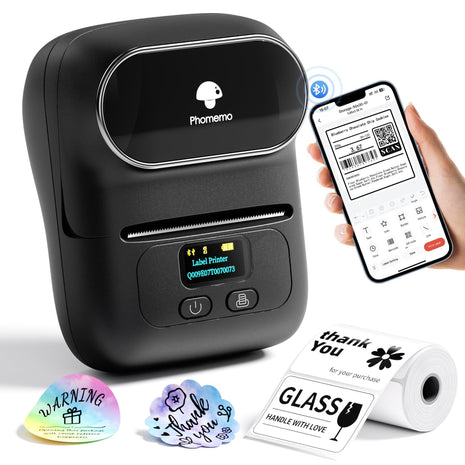 Phomemo M110 Label Makers - Barcode Label Printer Bluetooth Label Maker Portable Thermal Printer for Small Business, Address, Barcode, Logo, Clothing, Mailing, Sticker Printers for Phone & PC, Black