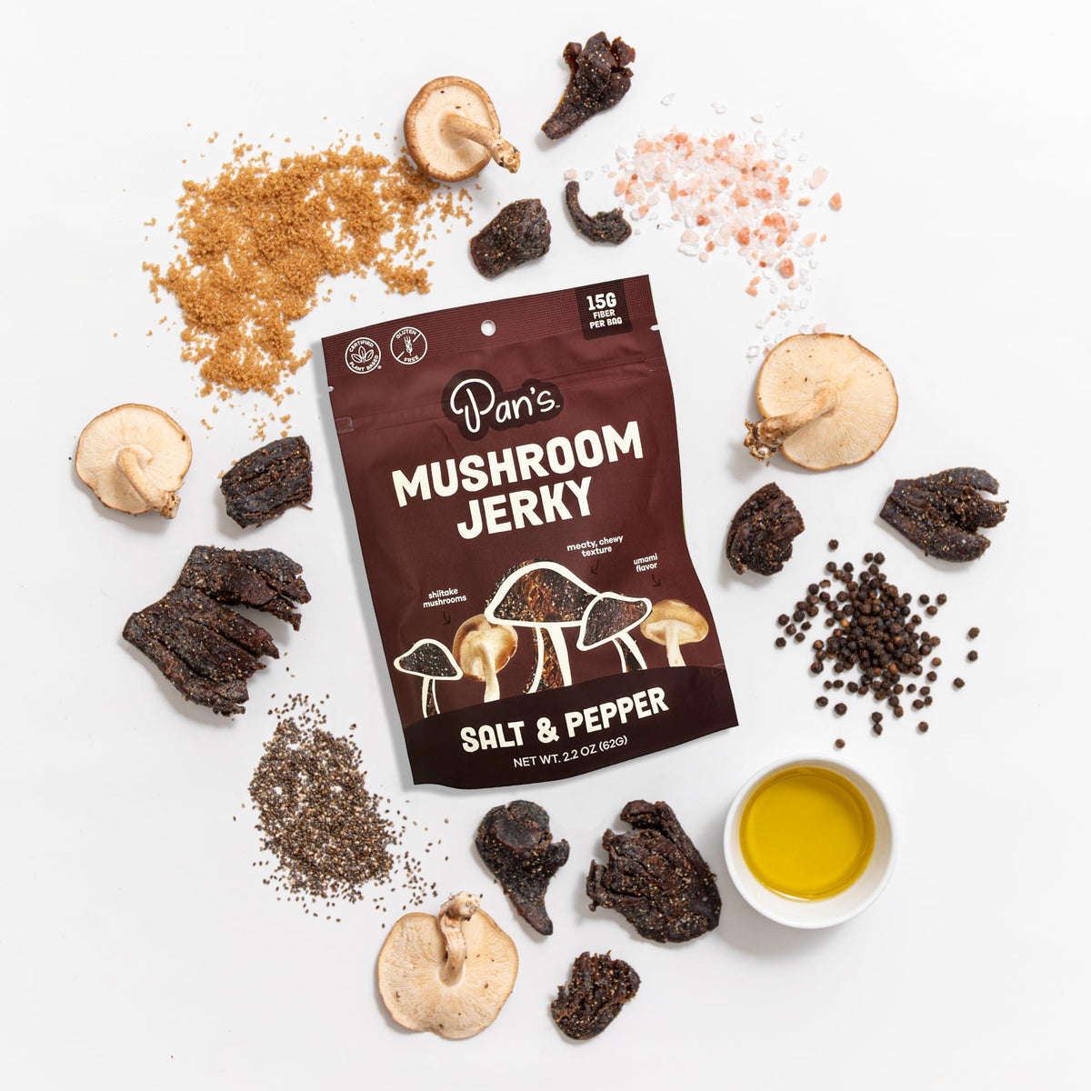 Pan's Mushroom Jerky, Organic, Vegan Snacks, Mushrooms Shitake, Meatless Jerky, Gluten Free, High in Fiber, Variety pack of Original, Zesty Thai, Salt & Pepper, BBQ (2.2 Ounce, Pack of 4)