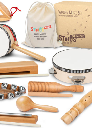 Stoie's Wooden Toddler Musical Instruments with Drum, Hand Bells, Flute, Maracas, Castanet, Tamburine, for Babies and Kids, Eco Friendly Montessori Educational Toy