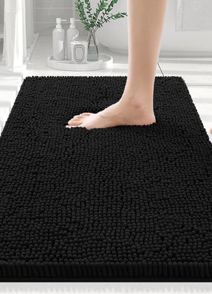 Smiry Luxury Chenille Bathroom Rugs 30x20, Extra Soft and Absorbent Shaggy Bath Mat, Machine Washable, Non Slip Plush Carpet Runner for Tub, Shower, and Floor, Home Decor Accessories, Black