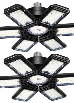 AUDLES 2 Pack Garage Lights, 200W 20000LM 6500K LED Shop Lights, Garage Light Ceiling Led with 6+1 Deformable Panels, Screw in E26/E27 Socket Bulb for Warehouse, Workshop, Basement, Barn Lighting