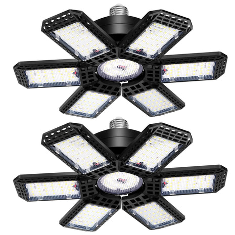 AUDLES 2 Pack Garage Lights, 200W 20000LM 6500K LED Shop Lights, Garage Light Ceiling Led with 6+1 Deformable Panels, Screw in E26/E27 Socket Bulb for Warehouse, Workshop, Basement, Barn Lighting