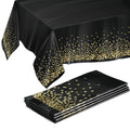 Prestee Gold and Black Table Cloth for Events - Pack of 4, 54 x 108 Inches - Disposable Table Cover, Ideal Black Tablecloths for Party Decorations, Dining, and Holiday Celebrations