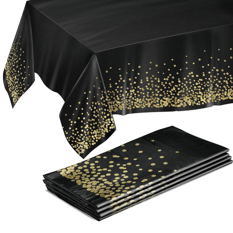 Prestee Gold and Black Table Cloth for Events - Pack of 4, 54 x 108 Inches - Disposable Table Cover, Ideal Black Tablecloths for Party Decorations, Dining, and Holiday Celebrations