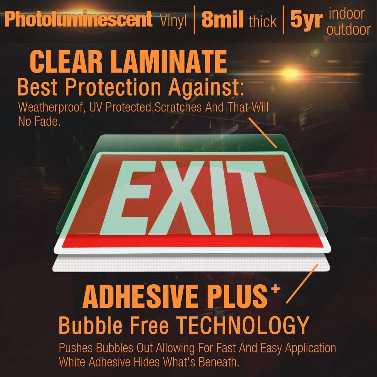 EXIT Signs Glow In The Dark EXIT Decals 3 Pack 12"x7" EXIT Photoluminescent Signs Stickers, Glows For Up To 8 Hours
