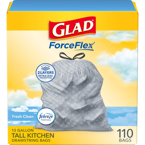 Glad Tall Kitchen Drawstring Trash Bags - Odorshield 13 Gallon White Trash Bag, Febreze Fresh Clean, 110 Count | Febreze Freshness, Rip and Tear Resistant, Fresh Clean Scented Garbage Bags, Household Essentials