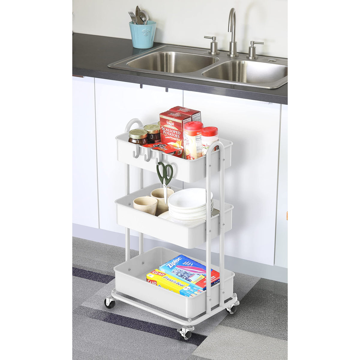 Simple Houseware 3-Tier Heavy Duty Metal Utility Rolling Cart, White