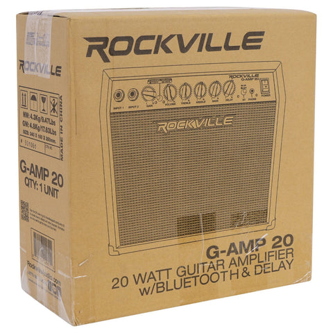 Rockville G-AMP 20W Guitar Amplifier Combo with Bluetooth, Delay, Dual Guitar Inputs, Clean/Overdrive, EQ Controls, Portable for Practice and Small Gigs