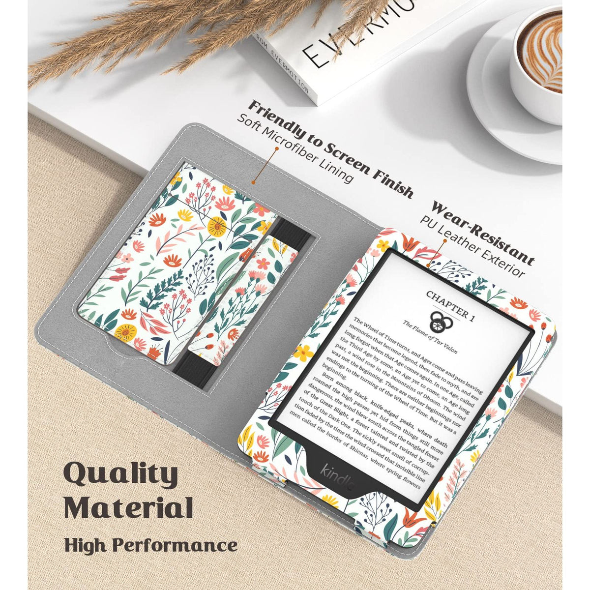 MoKo Case Fits All-New 6" Kindle (11th Generation, 2024/2022 Release)(10/8th Gen,2019/2016), Ultra Lightweight PU Shell Cover with Auto Wake/Sleep for Kindle 2024, Flowers
