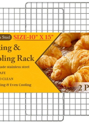 2PCS Cooling Racks for Cooking and Baking - 10" x 15"Heavy Duty Stainless Steel Wire Rack for Baking, Grilling, Roasting - Oven & Dishwasher Safe - Fits Jelly Roll Sheet Pan-Silver