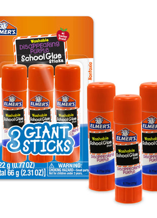 Elmer's Disappearing Purple School Glue Sticks, Washable, 22 Grams, 3 Count - Poster, Vision Board, Back to School Supplies, #1 Teacher Brand