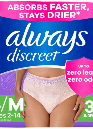 Always Discreet Adult Diapers for Women, Incontinence Underwear, Postpartum Essentials, Disposable Briefs, Max Absorbency, Bladder Leak Protection, Small/Medium, 32ct