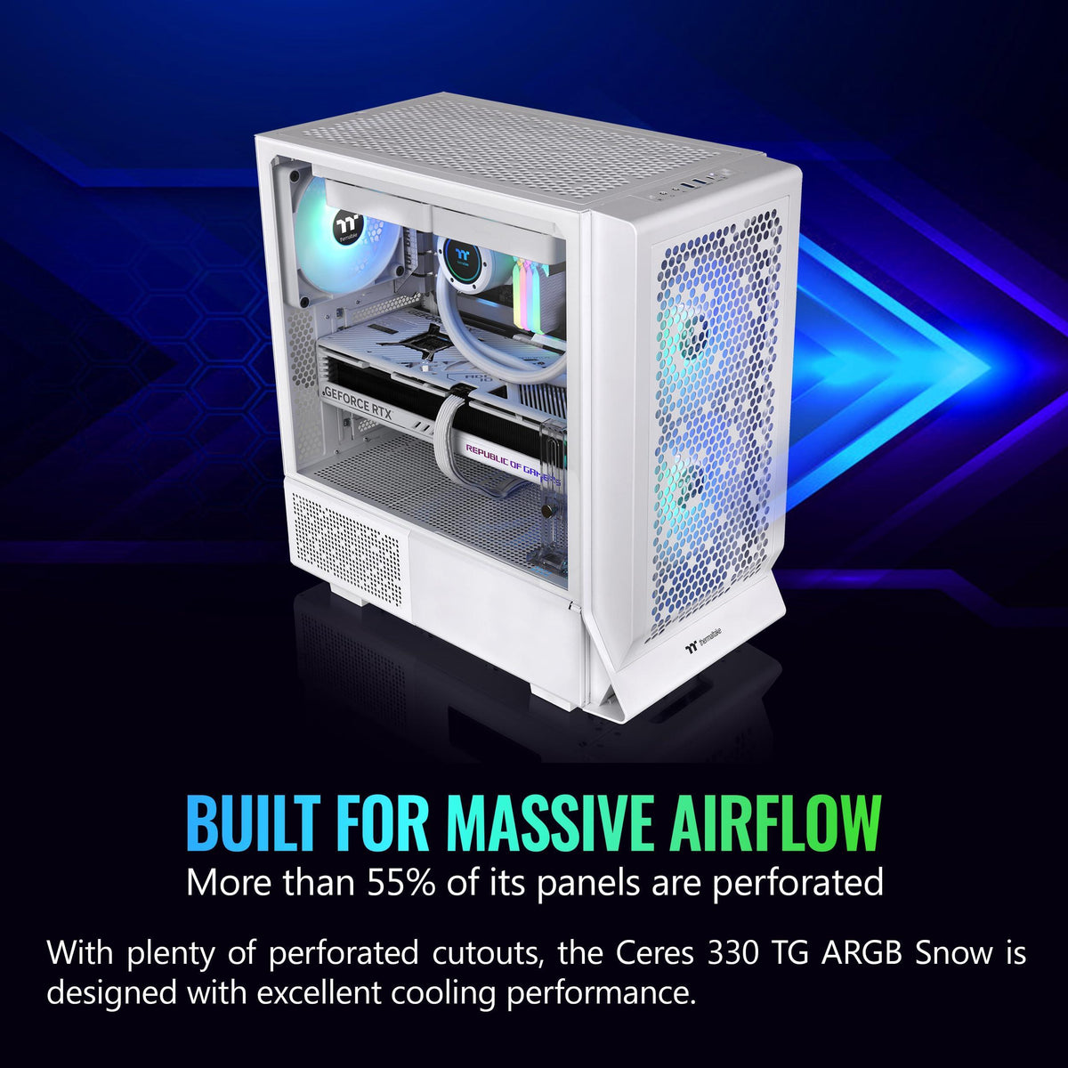 Ceres 330 TG ARGB Snow Mid Tower E-ATX Case Supports Hidden-Connector Motherboard; Preinstalled 2 x CT140 ARGB Fans; Rotational PCIe Slots; CA-1Y2-00M6WN-01; 3 Year Warranty