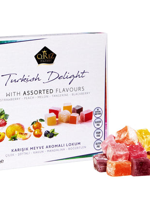 Cerez Pazari Turkish Delight Candy With Assorted Flavors 16 oz, Gourmet Snacks Gift Box, No Nuts Sweet Traditional Confectionery Vegan Candy Dessert Lokum Loukoumi Approx.33-38 pcs