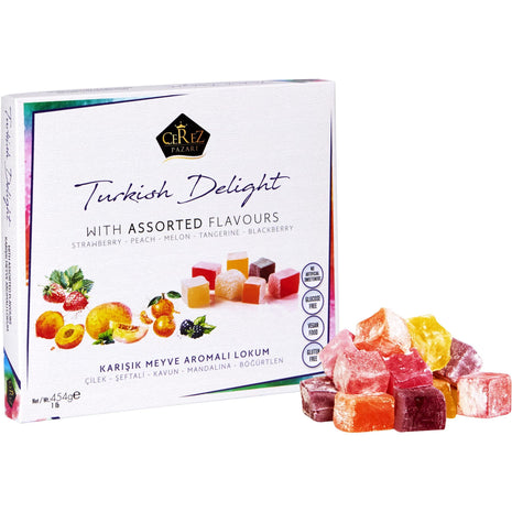 Cerez Pazari Turkish Delight Candy With Assorted Flavors 16 oz, Gourmet Snacks Gift Box, No Nuts Sweet Traditional Confectionery Vegan Candy Dessert Lokum Loukoumi Approx.33-38 pcs