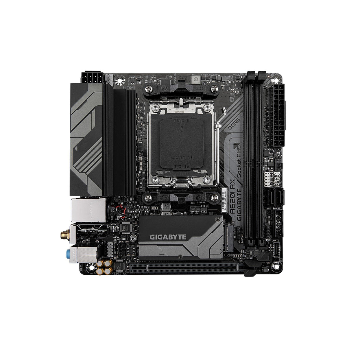 GIGABYTE A620I AX (AM5/ LGA 1718/ AMD/ A620/ Mini-ITX/ 5-Year Warranty/ DDR5/ Single M.2/ PCIe 4.0/ USB 3.2 Gen1 Type-C/Realtek Wi-Fi 6E/ Realtek 2.5GbE/ Q-Flash Plus/PCIe EZ-Latch/Motherboard)
